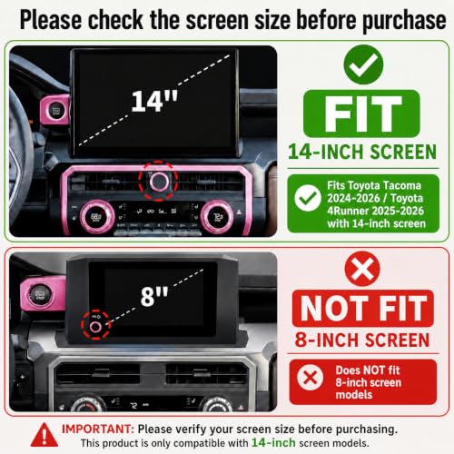 Image of for Toyota Tacoma 2024-2026 & 4Runner 2025-2026, 14-Inch Screen Aluminum Alloy Knob Cover Trim - Fits Push Start, AC, Volume & 4WD Gear Switch (Pink, 6-Piece Set)