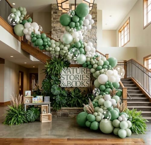 Image of Green White Balloons Double Stuffed Green Bobo Pearl Balloon Arch Kit | Light Olive White Balloon Garland for Jungle Safari Wildone Birthday Baby Shower Wedding Anniversary Decor