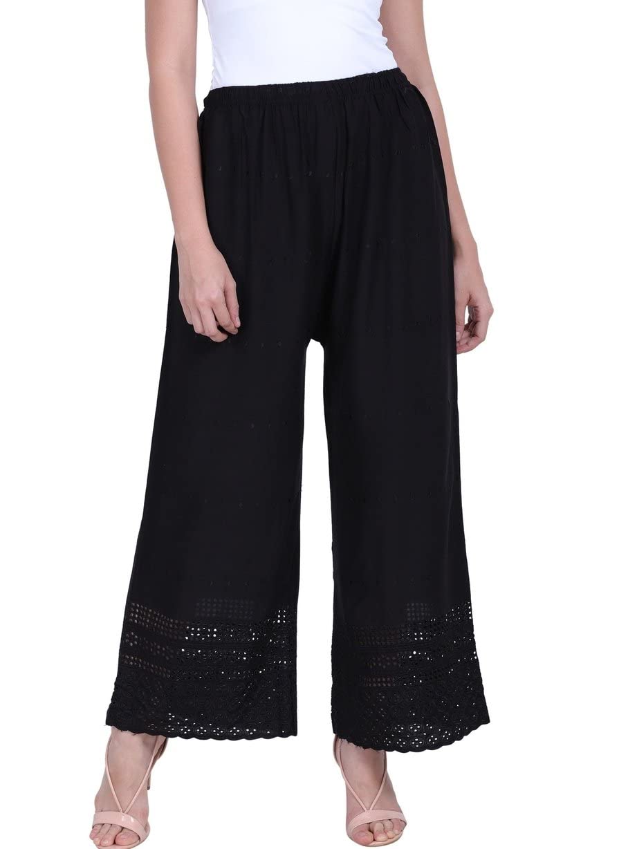 Women's Lucknow Chicken Art Work Cotton Chikan Palazzo (Black)-image-40