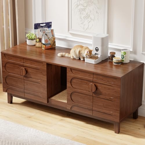 Image of ONBRILL 59 inch Cat Litter Box Enclosure for 2 Cats, Cat Litter Boxes, Walnut