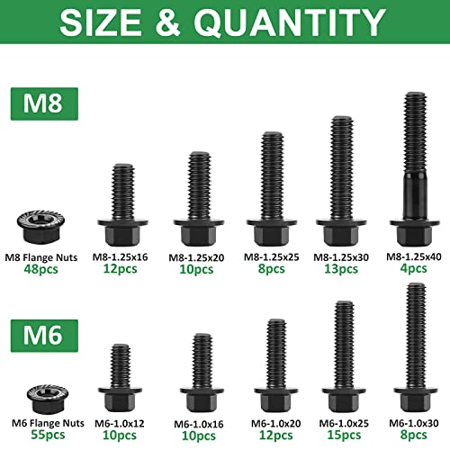 Foliv 205Pcs M6-1.0 M8-1.25 Flanged Hex Bolts, Class 10.9 Alloy Steel Black Zinc Plated Metric Flanged Hex Screws M6 X 12/16/20/25/30Mm And M8 X 16/20/25/30/40Mm #TOP1