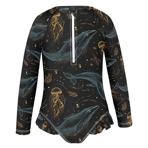 ALAZA Whale Jellyfish Fish Black Girls One Piece Swimsuit Long Sleeve Rash Guard Swimsuits UV 50+ Swimwear Zipper2