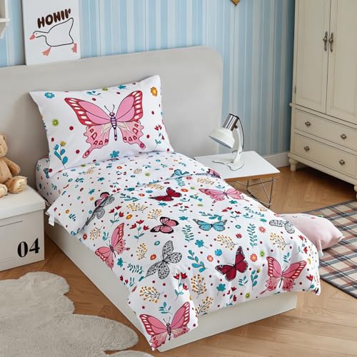 Image of PERFEMET 4-Piece Girls Butterfly Bedding in Pink Floral - Reversible Colorful Flower Toddler Bed Comforter Set for All Season (White, Butterfly)