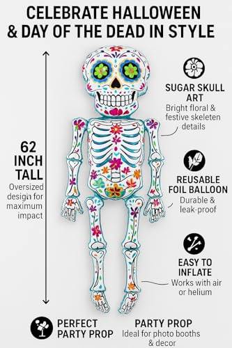 Image of AMFIN (Pack of 1) The Dead Skeleton Foil Balloon - 62 Inch Giant Halloween & Dia de los Muertos Decoration | Sugar Skull Balloon with Colorful Prints -Multicolour