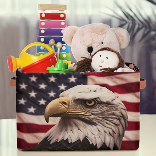 Image of Retro American Flag Storage Baskets for Organizing, Fabric Collapsible Storage Bins Box Bald Eagle Decorative Toy Organizer Baskets for Closet Shelves Gift Basket 2Pcs