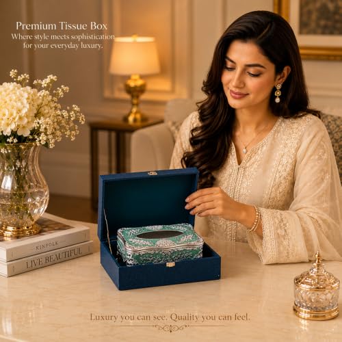 Image of Diviniti Premium Decorative Tissue Holder Box for Home Decor | Elegant Floral Metal Tissue Box Holder with Premium Silver Finish | Tissue Paper Dispenser for Dining Table, Office & Bathroom