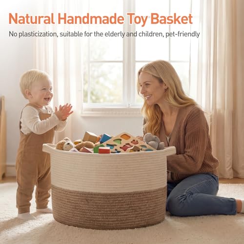 Image of OIAHOMY 90L XXXLarge Blanket Basket for Living Room, 21.7 inch x 13.8 inch Woven Cotton Rope Laundry Basket for Organizing Pillows, Decorative Stuffed Animal Toy Storage for Nursery, White and Linen Brown