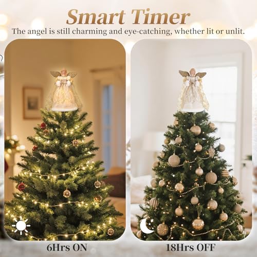 Lewondr Christmas Tree Topper Angel, 12'' Light Up Angel Tree Topper with Wings and Candle Light, 8 Modes and 6 Hrs Timer USB and Remote Operated Sequinned Christmas Decor for Holiday Home Decor, Gold by Lewondr - Image 3
