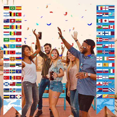 Image of Hooqict 2Pcs World Flags Banner Porch Sign International Country Flags for Travel Around the World Party Decorations Classroom Soccer Birthday Party Supplies Welcome Sign