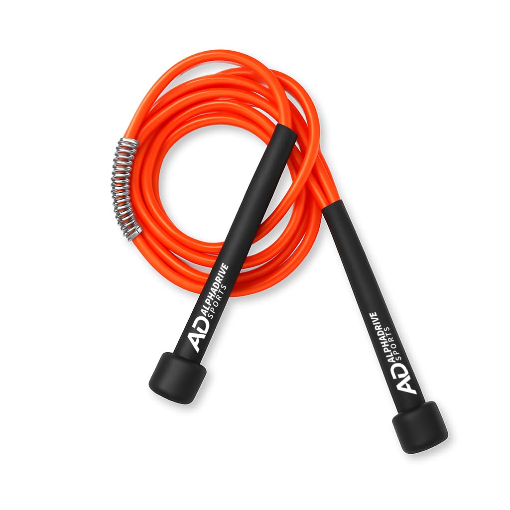 AlphaDrive Skipping Rope for Men and Women with Spring | Adjustable Height Speed Jump Rope for Exercise, Gym & Sports Fitness | PVC Cable, Foam Handles, Cardio & Weight Training Equipment (Flame Orange)-image-11