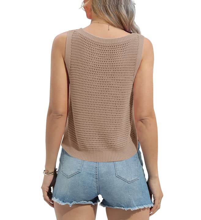 FISACE Womens Summer Knit Sweater Tank Tops Round Neck Crochet Hollow Out Sleeveless Casual Crop Shirt2