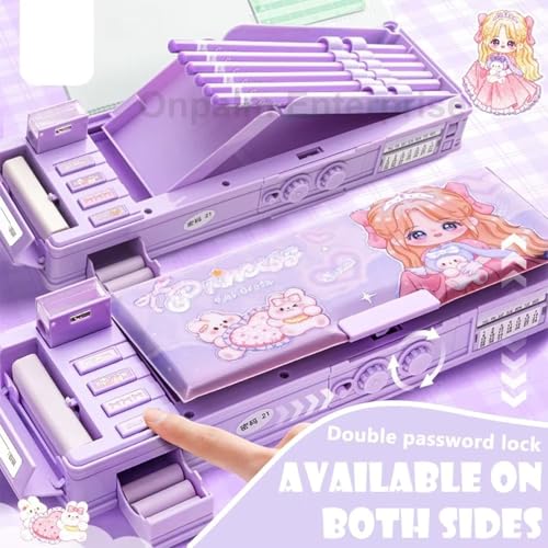 Image of Multifunctional Geometry Lock Pencil Box for Kids, Students, Boys & Girls, Magnetic & Passworld Lock Compass Box, Sweet Princess Theme School Return Gifts