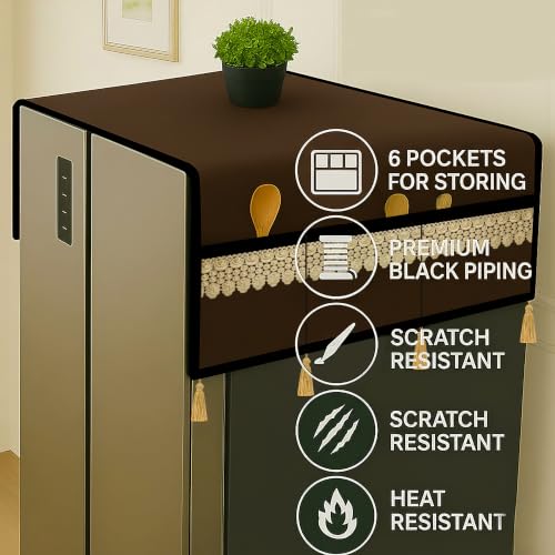 Image of Refrigerator Double Door Waterproof, Dustproof, Tassel Lace Refrigerator Top Cover, Protective Covers for Fridges with Extra Storage Space Nylon Top cover with 6 Storage Pockets (Coffee, 170 x 65 cm)