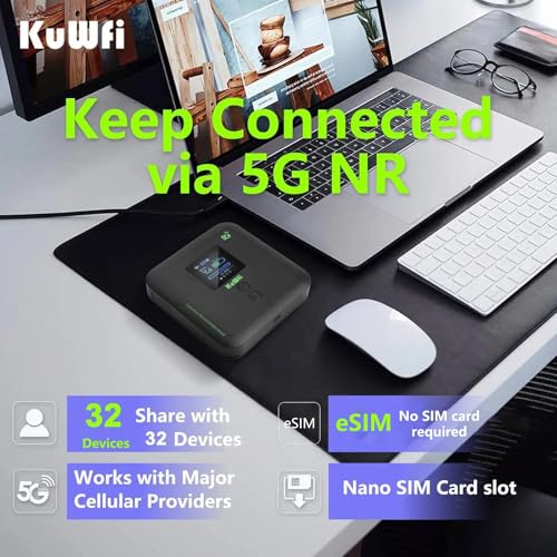Image of KuWFi Ultra-Fast eSIM Router Portable 5G WiFi 6 Mobile Hotspot|Unlocked WiFi Pocket with 6000mAh|3000Mbps SIM Router 5G for RV & Travel|Hotspot Supports eSIM /SIM Slot&32 Devices|Compatible with AT&T