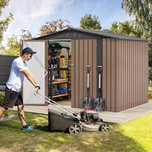 Image of DWVO 8x6FT Outdoor Storage Shelter, Roomy Steel Tool Shed with Secure Entrances & Air Circulation for Patio, Lawn, and Backyard, Ideal for Storing Garden Gear, Lawn Tools, and Bikes, Brown