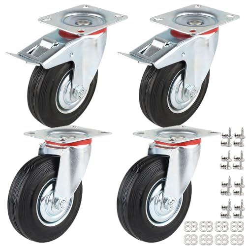 IQWTU Ruote per Carichi Pesanti da 100 mm con Freno, 4 Rotelle per Mobile Rotelle Girevoli fino 300 kg, Ruote di Trasporto Rotazione 360°, Gomma Ruote industriali Pesanti (2 Girevoli + 2 Con Freno)