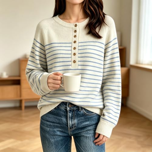 Womens Fall Sweaters Loose Thermal Button Crew Neck Soft Sweaters - image 3