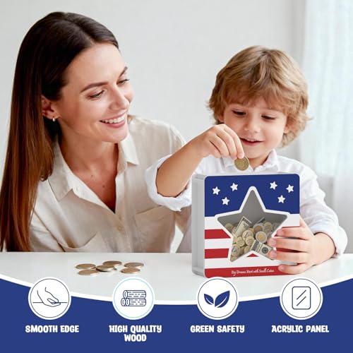 Image of Summidate Wooden Money Saving Box, Clear Window Cash Vault Savings Box with DIY Stickers, Personalized Star Piggy Bank for Kids & Adults, Birthday /Baby Shower /Wedding Gift