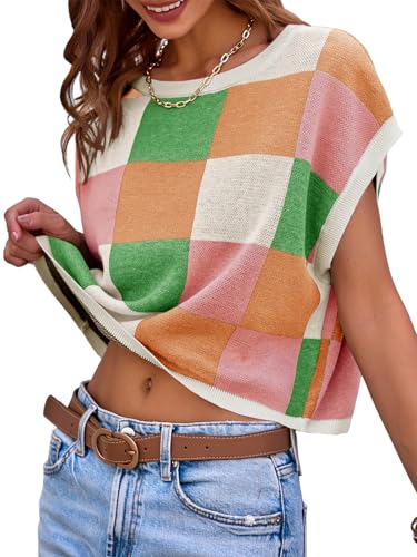 Image of Saodimallsu Womens Cap Sleeve Crop Tops Summer Color Block Going Out Crew Neck Knit Trendy Casual Sweater