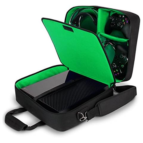 USA Gear Tragetasche für Gaming Konsolen - Schutz Konsolentasche mit Schultergurt und Unterteilbaren Fächer für Zubehör und Games - Kompatibel mit Xbox One X, Xbox One S und Weiteren Konsolen - Grün Cover