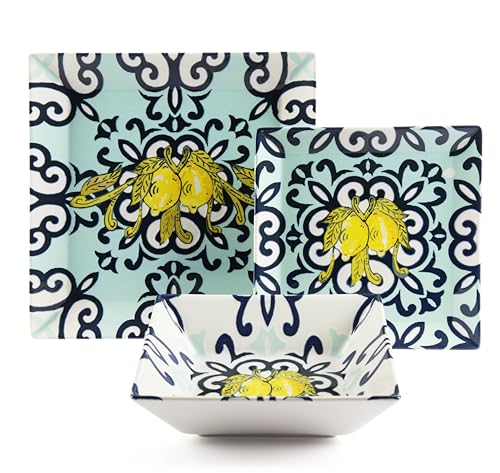 Excelsa Amalfi Servizio Piatti Quadrati in Ceramica, Set 18 Pezzi con Decorazione Limoni e Fregi Blu