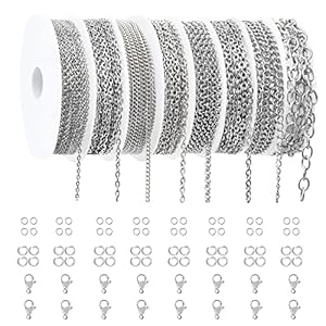 Necklace Chains for Jewelry Making,Ybxjges 65 Feet Stainless Steel Jewelry Chain with Stainless Steel Jump Rings Stainless Steel Lobster Clasps for Bracelet Necklace Jewelry Making (8 Sizes)