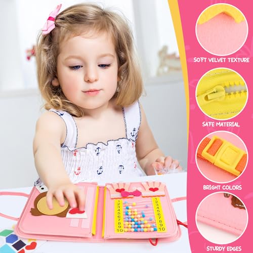Image of Toddler Busy Board, Montessori Sensory Toys for Boys, 3-8 Year Old Girl Toddler Travel Toys, Educational Learning Activities Board for Motor Skills, Birthday Gifts for Airplane Car, Pink