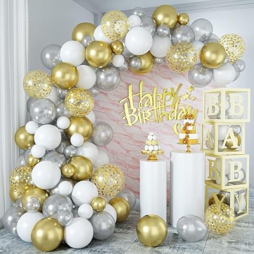 Image of Silver Gold White Chrome and Confetti Balloons Arch Garland Kit - 66 Pcs for Birthday Decoration Anniversary Engagement Wedding Festival Party Decorations | ARV ZONE