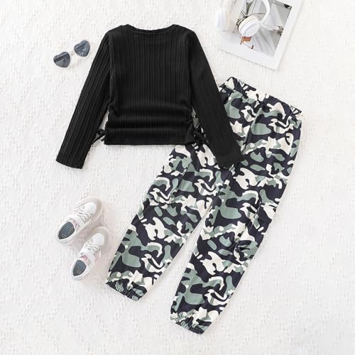 Image of Azmxynol Girls Clothes 2 Piece Outfit Ribbed T-Shirt Top + Cargo Pants, Girls Fall Clothing Set, Sizes 5-16 Years