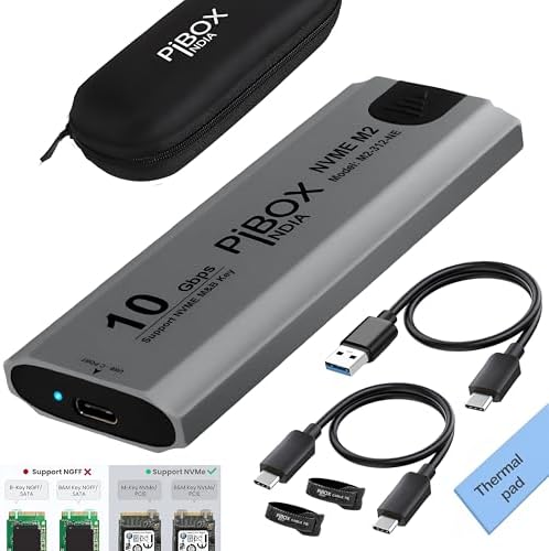 pibox India NVMe M2/M.2 Tool-Free SSD Enclosure Case with USB 3.2, 10Gbps & PCI-E NVMe Reader, USB-C, Supports M & B&M Keys, 2230/2242/2260/2280 SSDs, Realtek RTL9210 Chipset