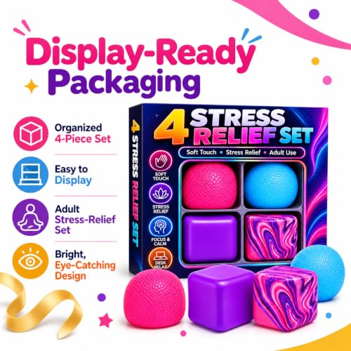 4 Pack Squishy Stress Relief Set, 2.2 Inch Soft Squeeze Cubes and Textured Balls, TPR Sensory Fidget Set for Adults, Desk Office Work and Relaxation by LMYIWEN - Used condition - Image 7