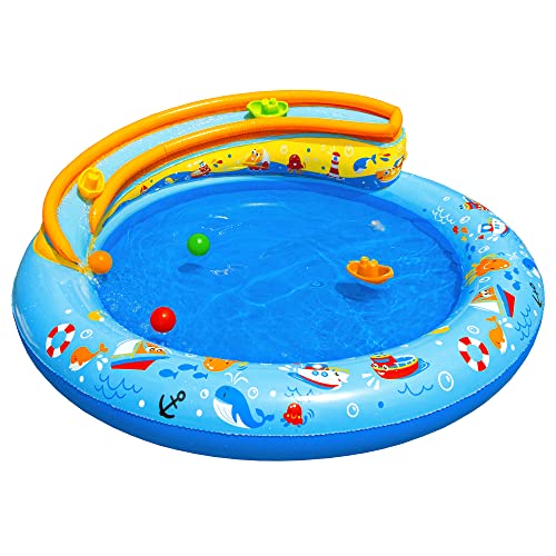 BANZAI JR: Splash Harbor Boat Pool - with Water Powered Boat Ramp, Outdoor Backyard Inflatable Pool, Comes with 3 Boats & 3 Balls, Kids Water Play, 48