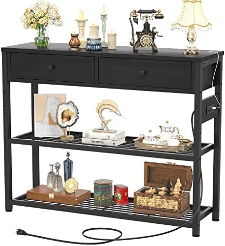 Ecoprsio Entryway Table with Outlets and USB Ports, Console Table with 2 Drawers, Sofa Table Narrow Long with Storage Shelves for Living Room, Couch, Hallway, Foyer, Kitchen Counter, 32'', Black