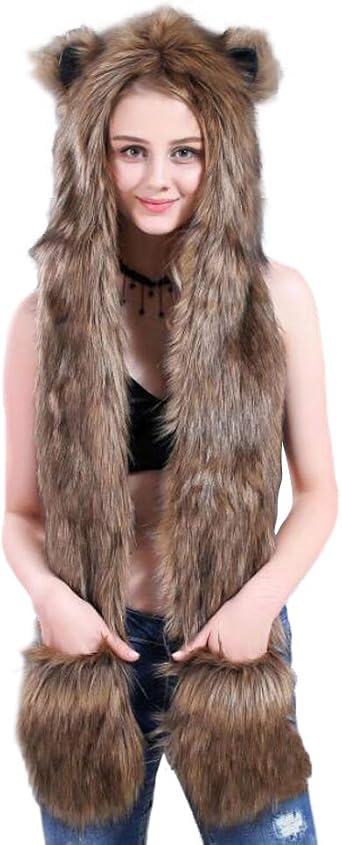 Faux Fur Animal Hoods Hat Scarf Mittens with Spirit Anime Paws Ears,Furry Fur Costume Hoodie with Gloves