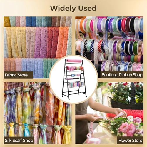 Image of BATTIPAW 15-Tier Ribbon Holder, Double-Sided Ribbon Organizer, Movable Ribbon Storage Shelf with Wheels, Large Capacity Freestanding Wrapping Ribbon Rack for Craft Room, Flower Store