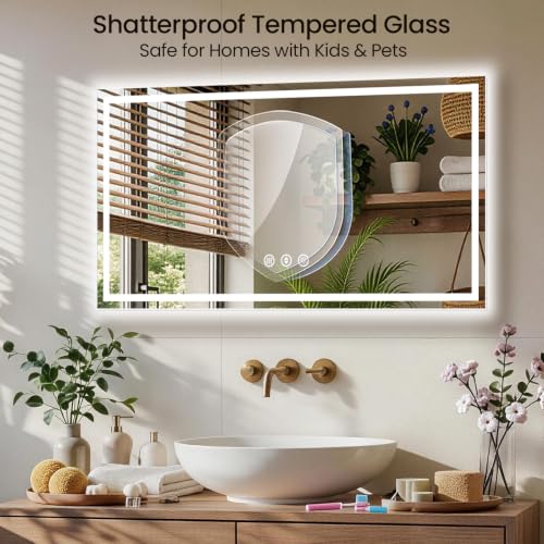Image of 48x40 LED Bathroom Mirror with Anti-Fog, Backlit & Front Lit, Memory | Stepless Dimmable 3 Color CRI 95+ Shatterproof Tempered Glass ETL Listed for Safety Lighted Bathroom Vanity Mirror for Wall