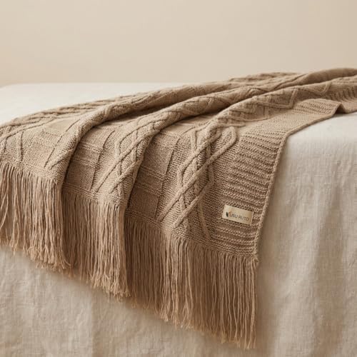 Manta de Tricô com Franjas Padrão Geométrico 150x90cm para Sofá P...