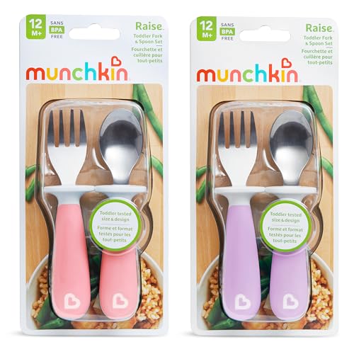Image of Munchkin Raise Toddler Fork and Spoon Utensil Set, Rest Keeps Tip Off Table, BPA Free, 4 Pack, Pink /Purple
