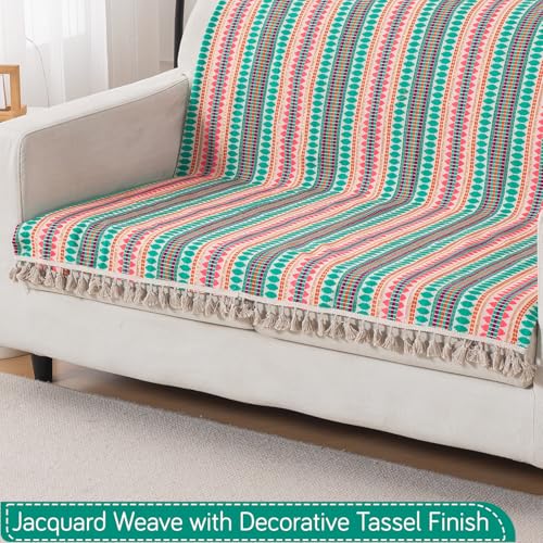 Image of HOKIPO 'Artisan Boho Series' Sofa Cover with Tassel | 450 GSM Cotton Acrylic Jacquard Sofa Cover for 2 Seater Sofa, Size 152x120 cm, Mint Green (IN-908-A7)