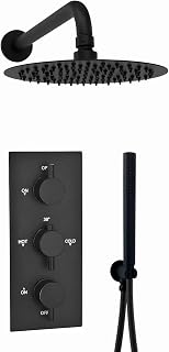 ENKI, Venice, SH0292, Contemporary Round Concealed Thermostatic Shower Set Incl. Triple Valve, Wall Fixed 8" Shower Head, Handshower Kit - Matte Black (2 Outlet)