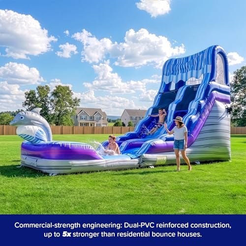 Image of HeroKiddo 16ft Tall Dolphin Inflatable Water Slide with Detachable Pool & Blower, 26ft Long Commercial Grade PVC, Heavy Duty Wet /Dry Slide for Kids & Adults, Front Load Entry for Easy Supervision