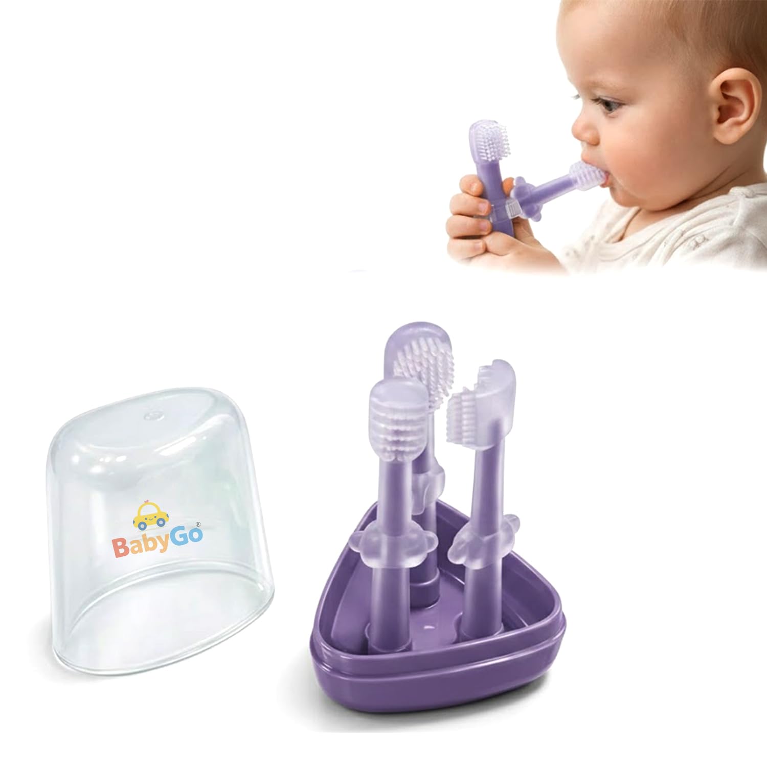 BabyGo Baby Silicone Toothbrush Oral Care Set Tongue Brush Silicone Brush with Holder for 0-18 Months Baby Infant (Multicolor)-picture-12