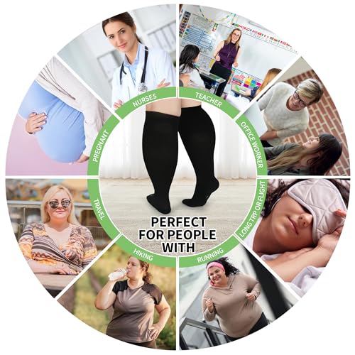 Image of UISLII Plus Size Compression Socks Wide Calf Women Men,5 Pairs 20-30mmHg Extra Width Calf Viscose Knee High Compression Socks for Circulation Support