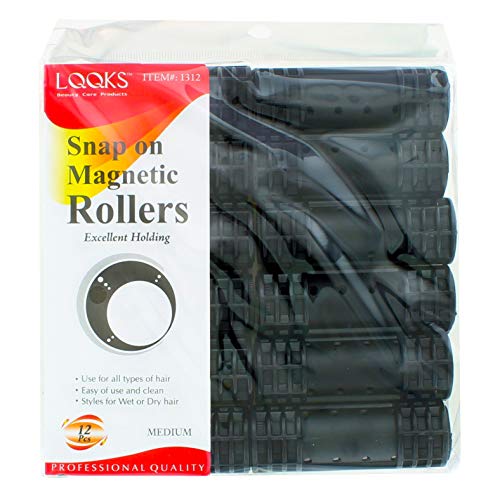 Snap On Magnetic Rollers Curler Hair Wave Set Large Jumbo Medium Small Size (MEDIUM - BLACK- 12 PCS)