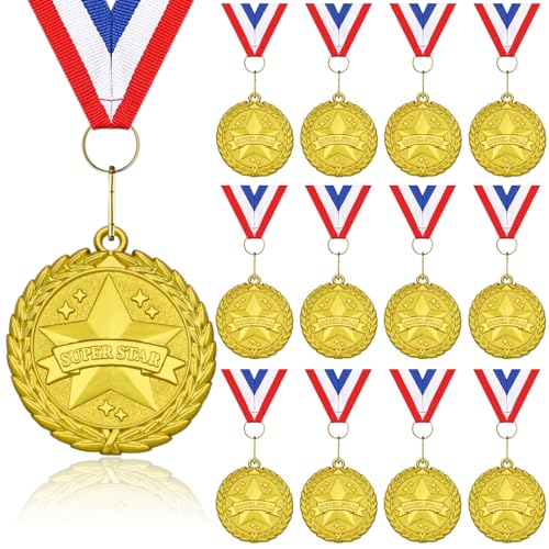Donrime Gold SUPER STAR Medals, 12-Pack Metal Medal Sports Day Medals with Ribbon Necklace for Sports Day Prizes, Gymnastics Competitions, Party Gifts, Kids Adults