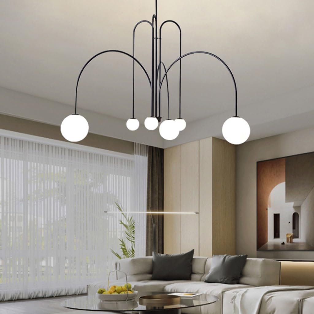 Lampadario Moderno Rotondo Lampadario Creativo A 6 Luci Con Sfera Di Vetro Bianco Adatto A Soggiorno Interno Camera Da Letto Sala Da Pranzo Cucina Caffè (fonte Di Luce Non Inclusa)(Nero)