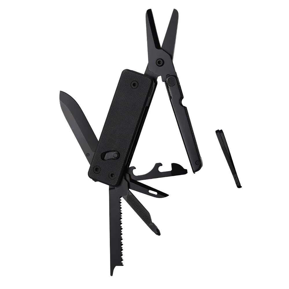 ROXON KS2E NOIR Couteau de poche multifonction avec grande lame de ciseaux | manche en G10 et clip de poche, 13 fonctions en 1, idéal pour le camping, la randonnée, les urgences et un usage quotidien