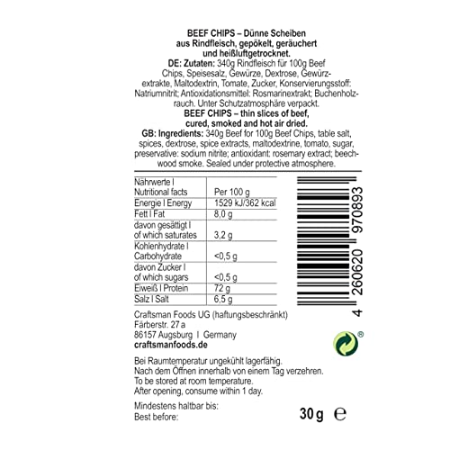 Craftsman Beef Chips | hauchdünn geräuchertes Rindfleisch | Proteinreiches Trockenfleisch | 100% Rind | knusprige Beef Jerky Chips für Party | Meat Snack to Go | Glutenfrei (2 Packungen)