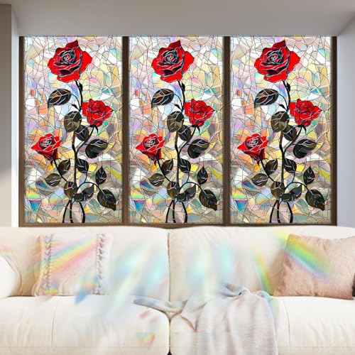 Image of Nuxovilar Gothic Halloween Dark Red Rose Window Film 17.5x39.3 PVC | Dark Rose, Gothic Cling red rose flower sticker, privacy glass wrap for bedroom bathroom party room (Dark Rose)