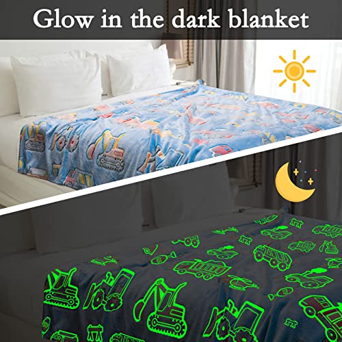 Bo Bo Chook Kids Blanket Glow In The Dark,Construction Kids Throw Blanket,Toddler Fleece Blanket,Cars Trucks Blanket For Boys,Girls,Soft Warm Kid Luminous Blanket,50X60Inch #TOP2